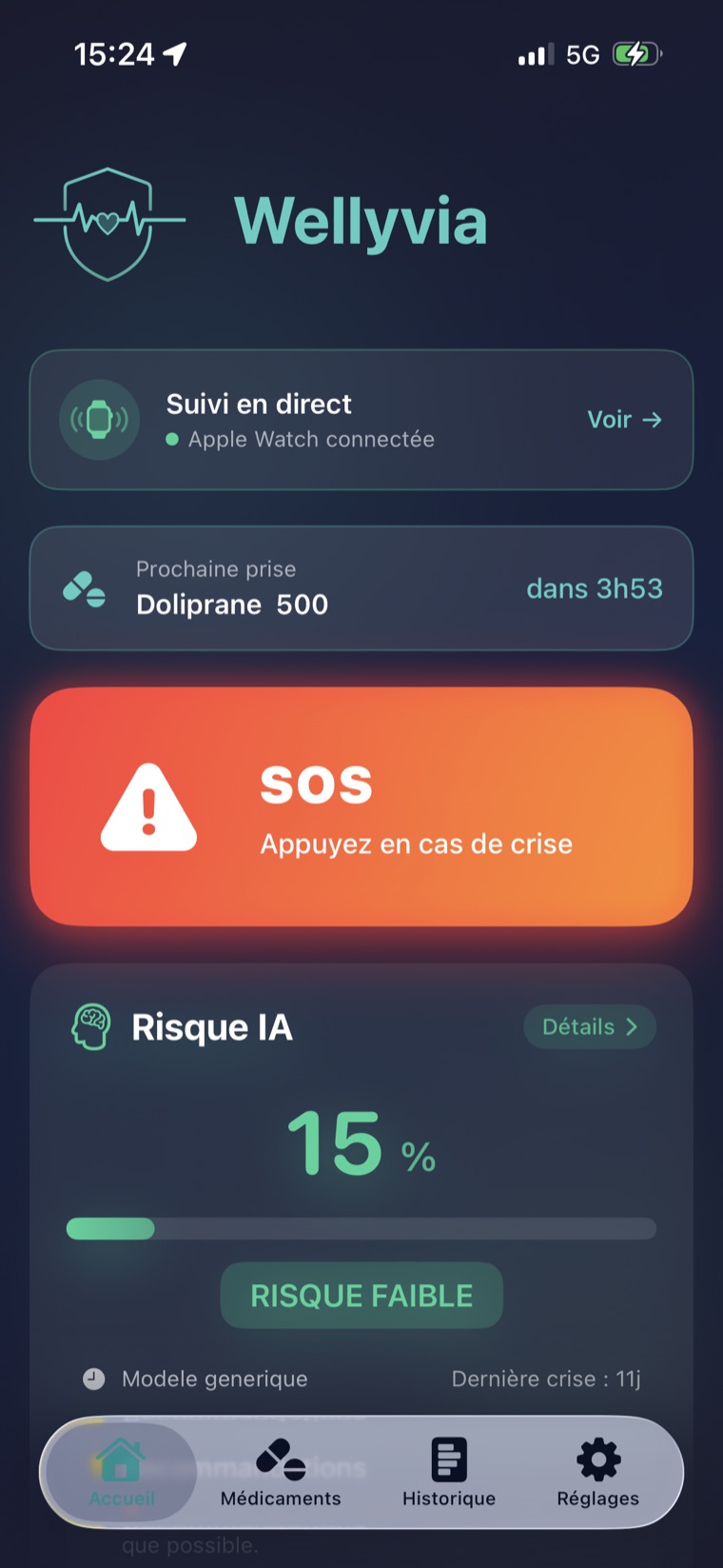 Écran d'accueil de Wellyvia : suivi en direct, bouton SOS et niveau de risque